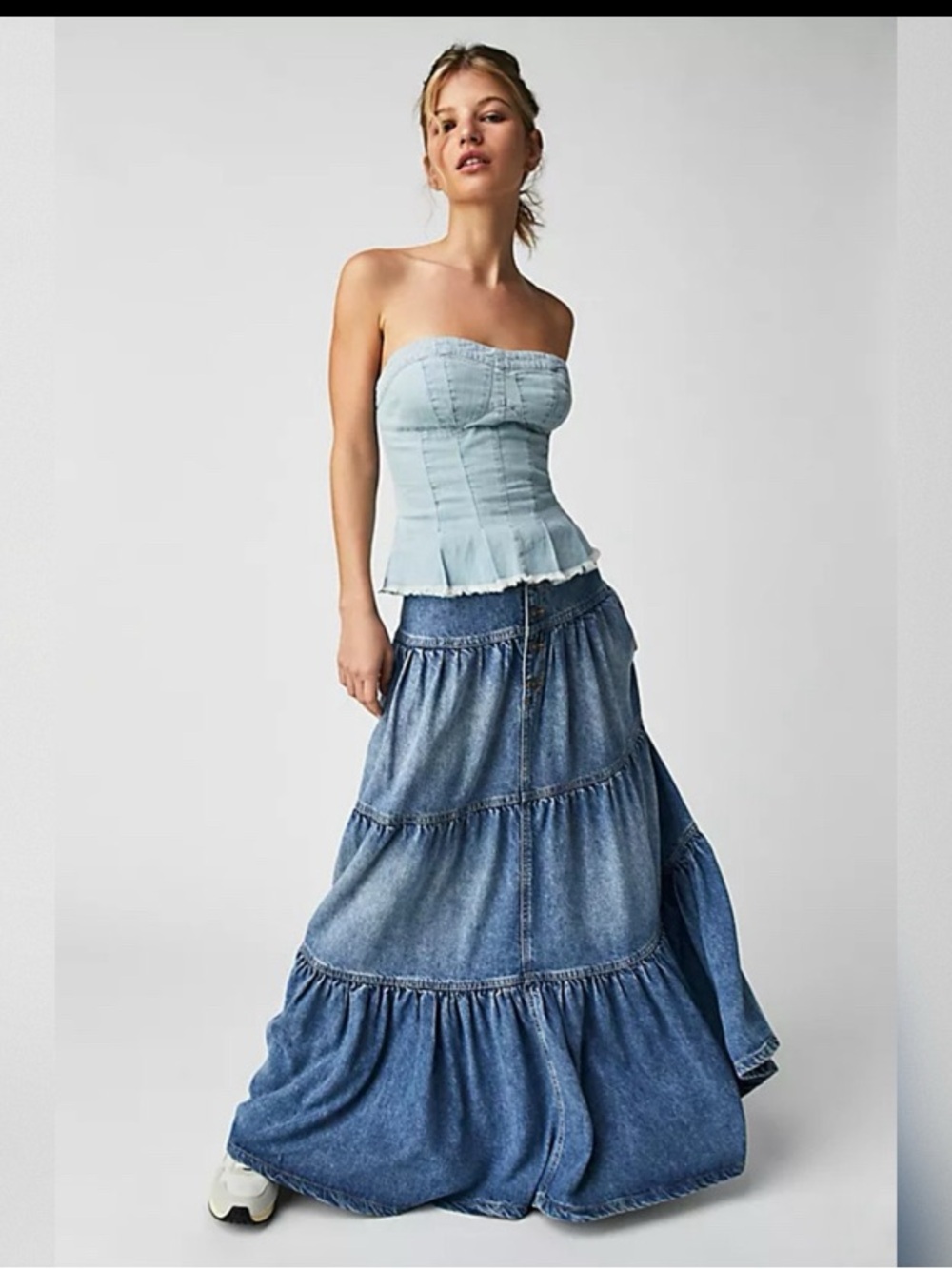 Free People We The Free Dreamweaver Tiered Blue Boho Denim Maxi Skirt Small
